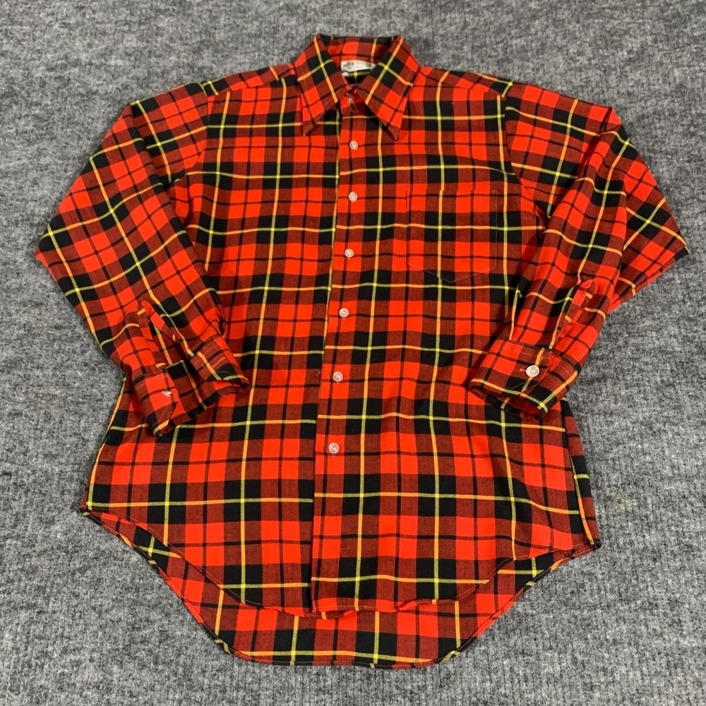 Kmart Shirt Mens Medium Red Button Up Plaid True Vintage Rayon 70s Retro Grunge